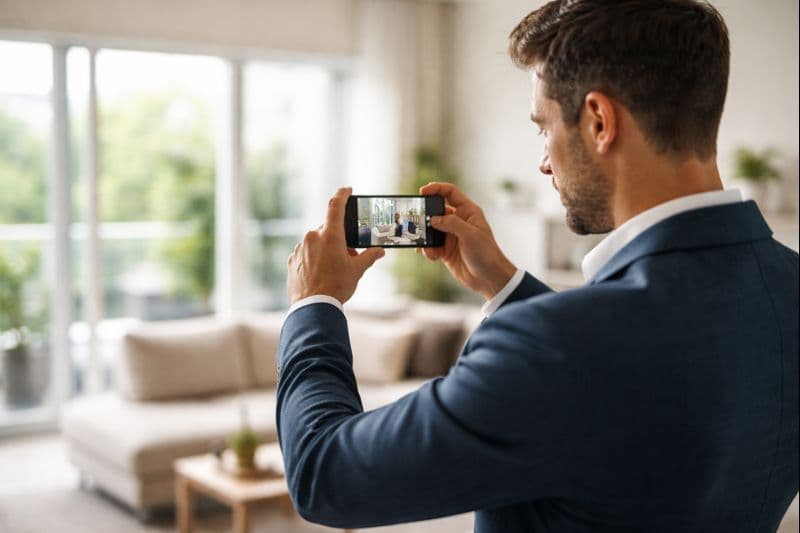 Agent nieruchomości robi zdjęcie mieszkania telefonem