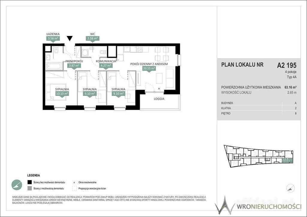 4 pokoje | 63,20 m² | balkon | 8 piętro | Wrocław