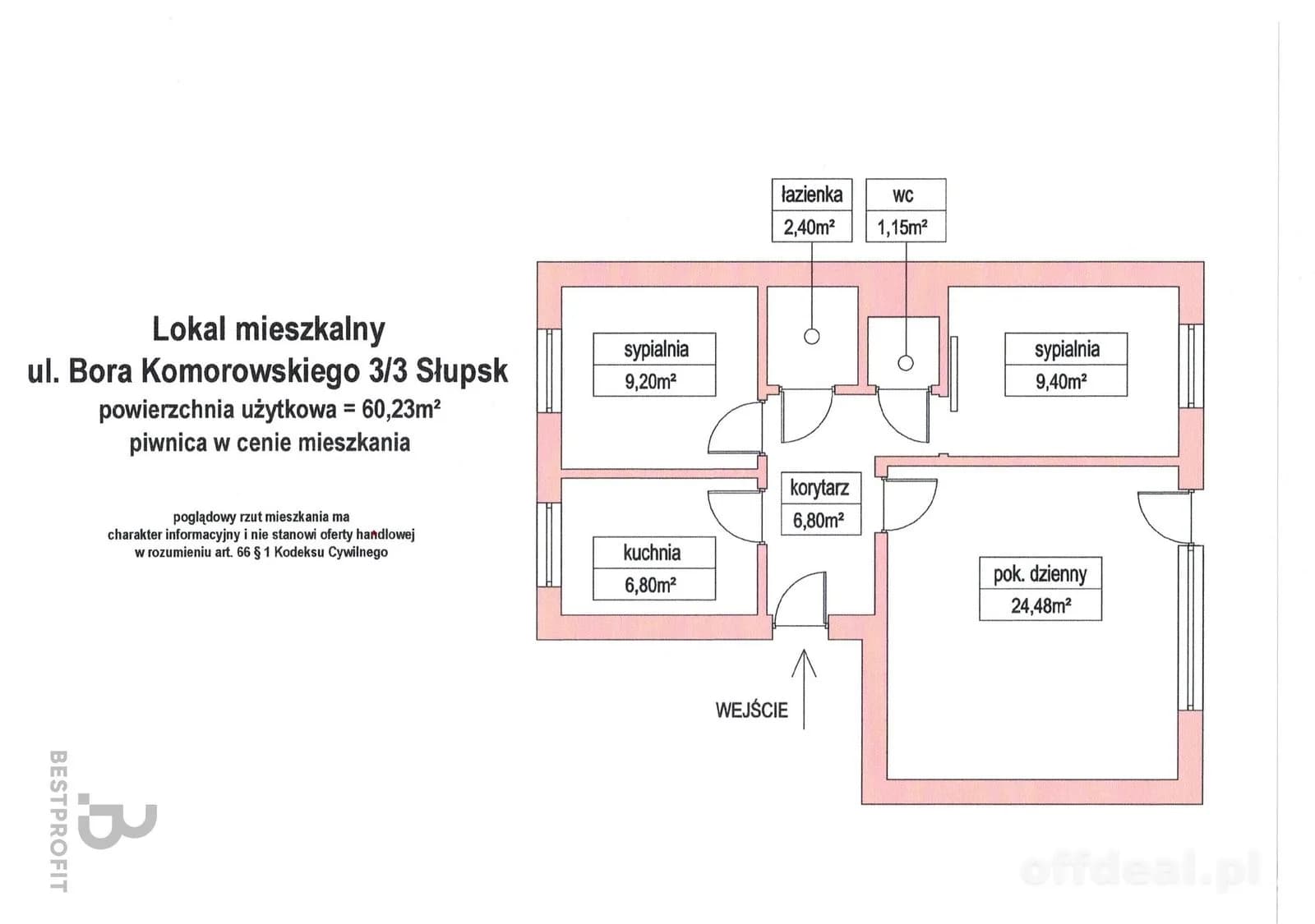 квартира на продаж у Słupsk | 3-кімн. | 60,23 m²