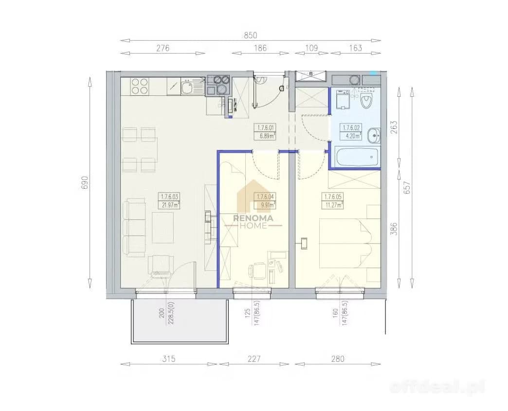 квартира на продаж у Wrocław, Krzyki, Partynice | 3-кімн. | 54,46 m²