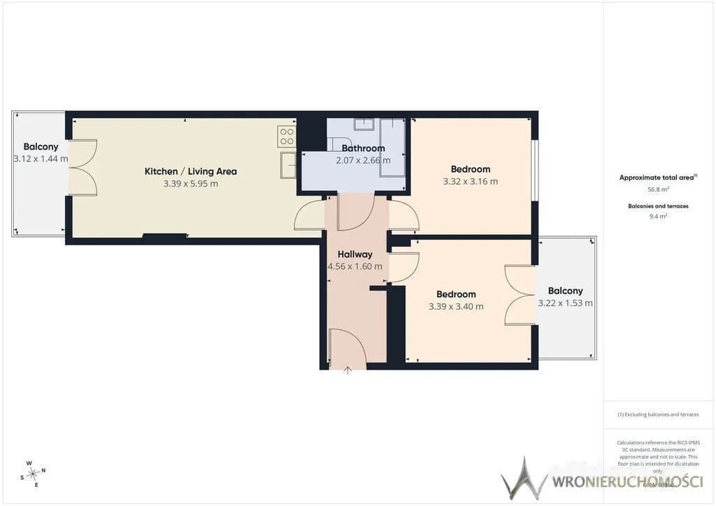 3 pokoje | 58,41 m² | 2 balkony | Nowa Papiernia |