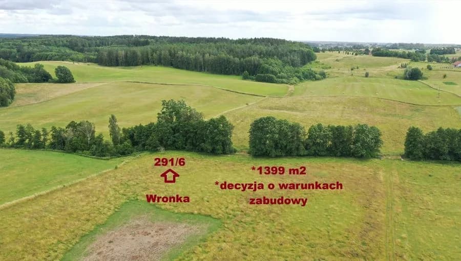 Działka budowlana Mazury – Wronka, 1399 m2 , warunki zabudowy