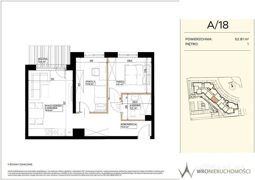 3 pokoje | 52,81 m² | balkon 5,45 m² | garaż podziemny